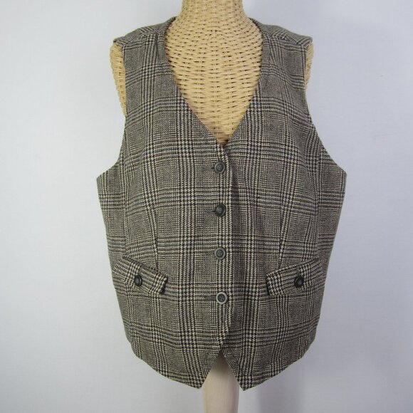 Eddie Bauer Women 18 Black Beige Houndstooth Plaid Wool Sleeveless Button Vest - Picture 1 of 11